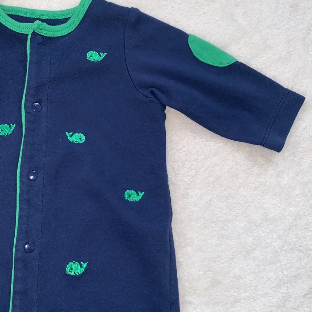 Little Me Navy Blue & Green Whale Footie 6M EUC